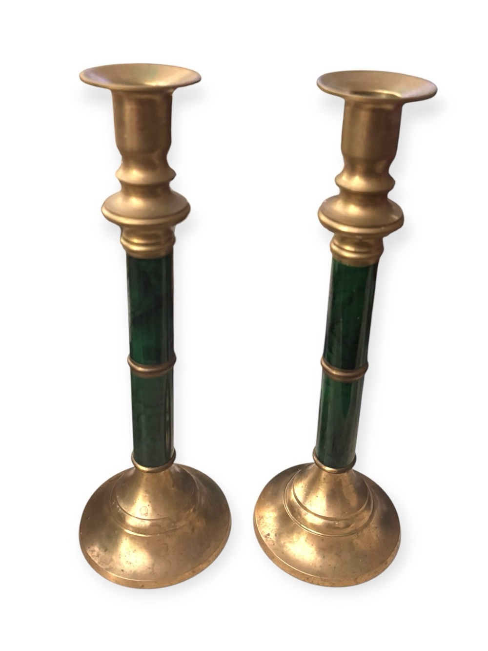 Sylvestri Vintage Brass and Green Enamel Candlestick Holders